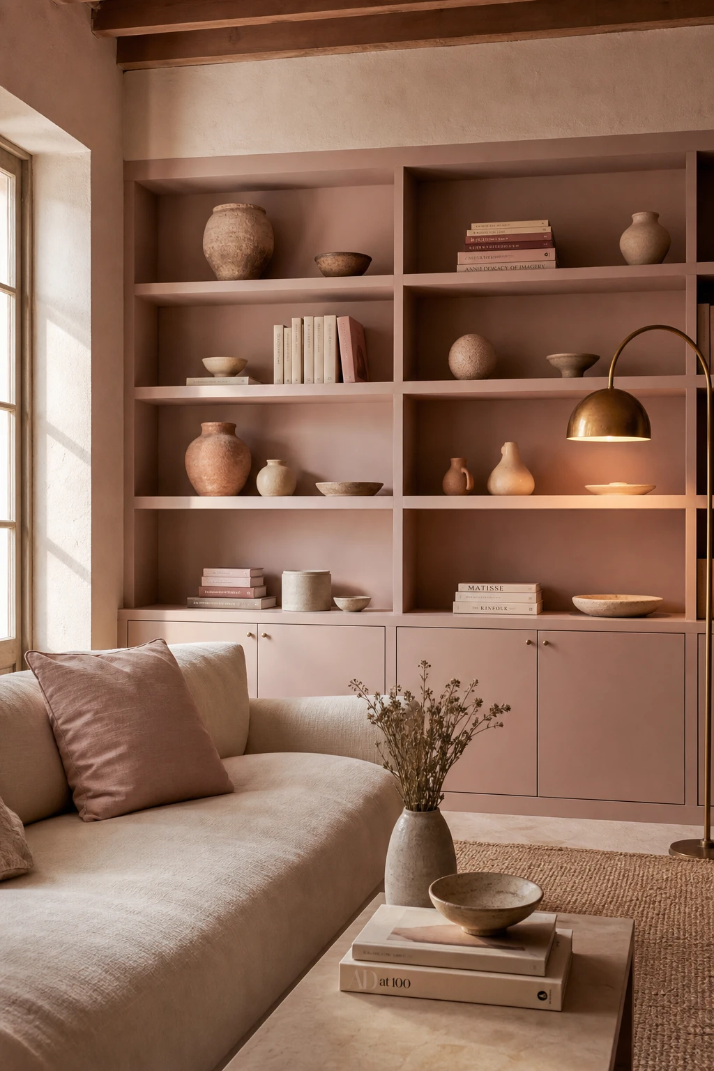Dusty pink living room with mauve built in shelving painted Farrow and Ball Sugared Almond, styled with books, ceramics and warm brass accents