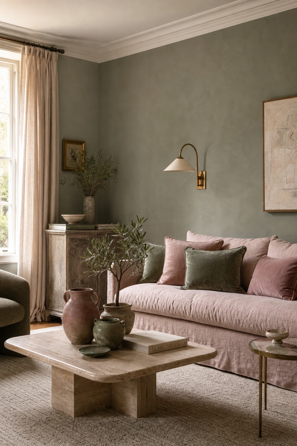 Dusty pink living room with sage green accents, Farrow and Ball Mizzle painted wall, linen sofa, ceramic vessels and botanicals in soft natural light