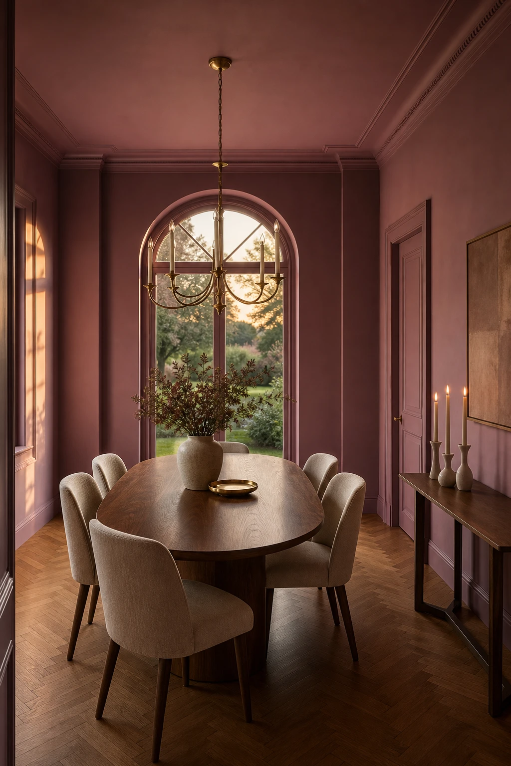 Dusty pink mauve dining room with Farrow and Ball Calluna walls, oval table, linen chairs, brass chandelier and arched window at golden hour