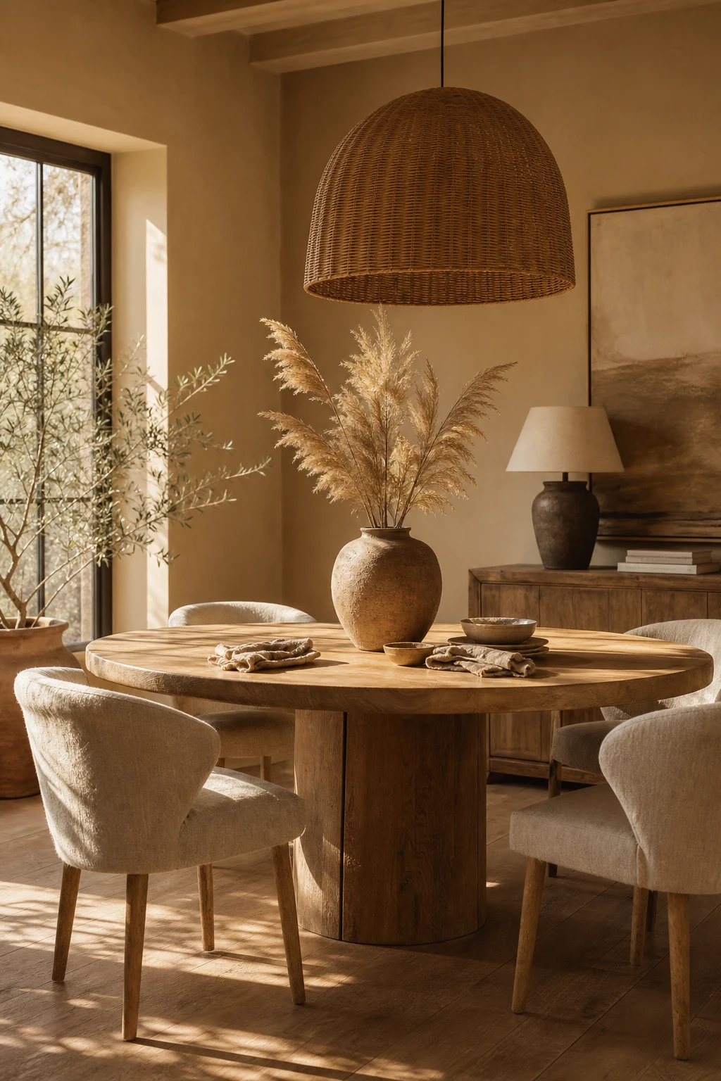 Earthy neutral dining room with a round wood table, woven pendant light, linen chairs, and Farrow and Ball Buff painted walls in warm afternoon light