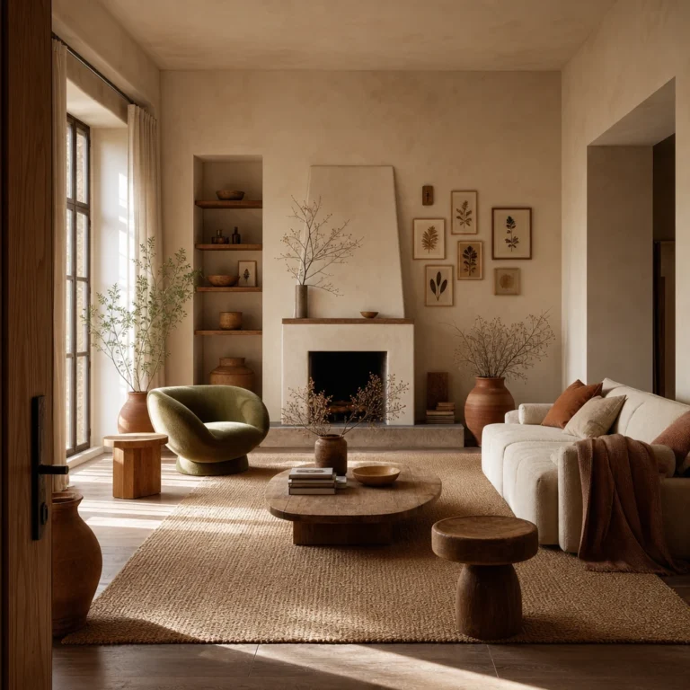 Earthy neutral living room with warm plaster walls, a raw oak and linen sofa, plaster fireplace, sage green accent chair, terracotta vessels and jute rug in soft late afternoon light.