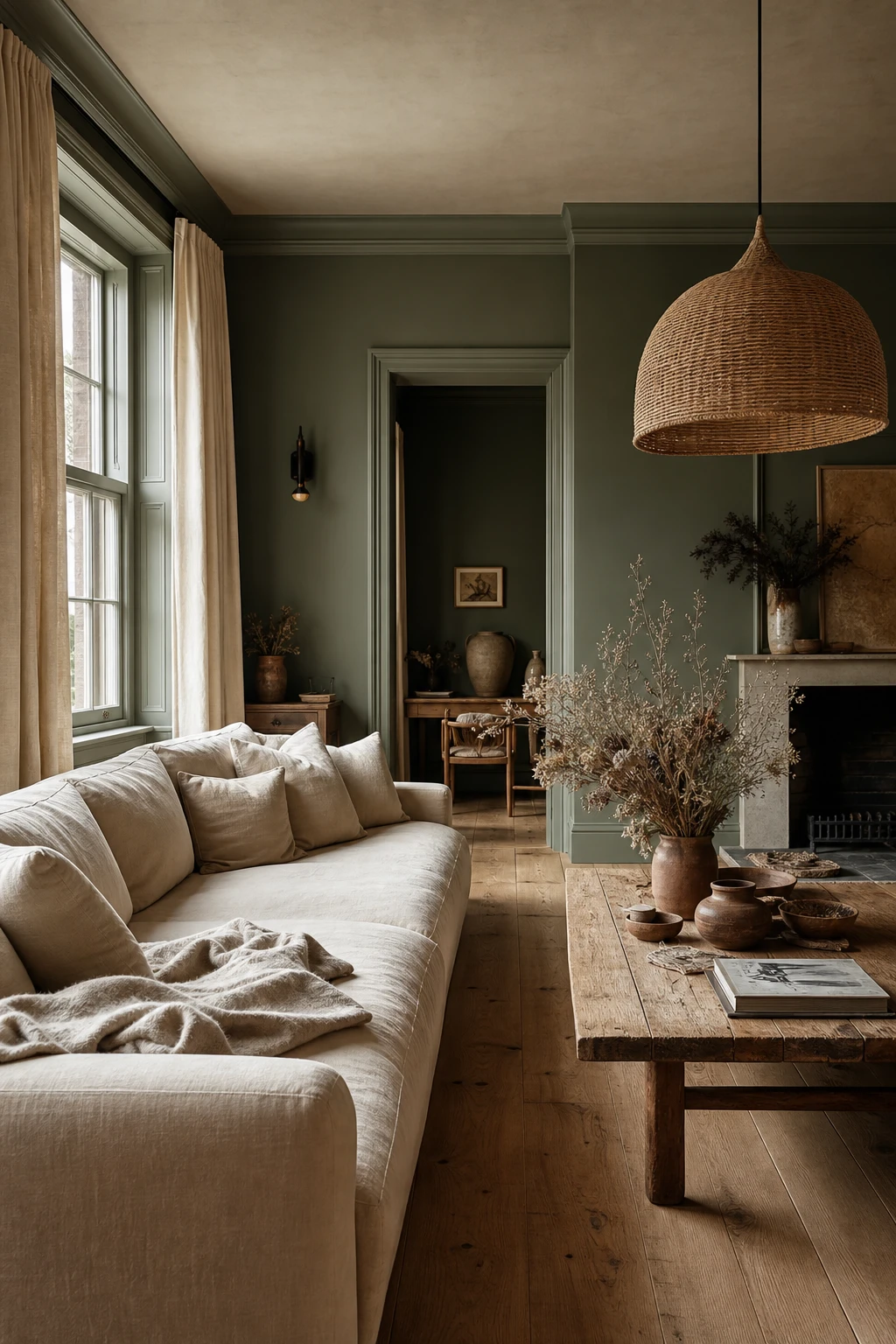 Earthy neutral interior with cream and sage green contrast, featuring Farrow and Ball Calke Green walls, linen sofa, rattan pendant and wide plank oak floor