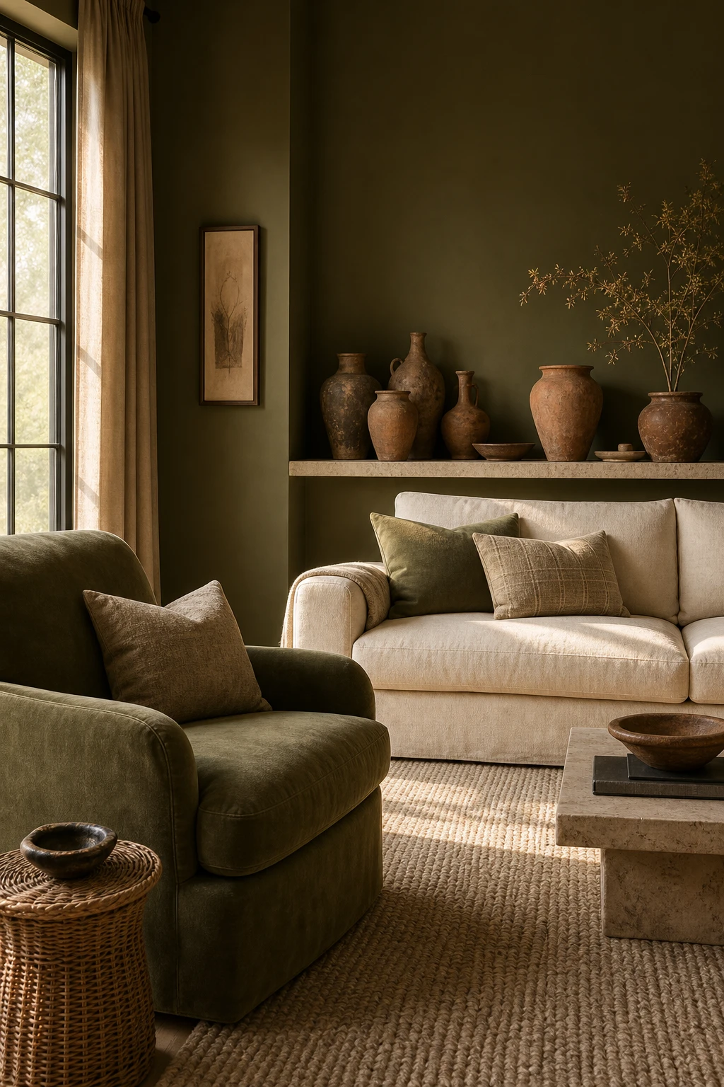 Earthy neutral interior with olive and cream tones, deep olive walls, cream linen sofa, rattan furniture, warm afternoon light, natural textures throughout
