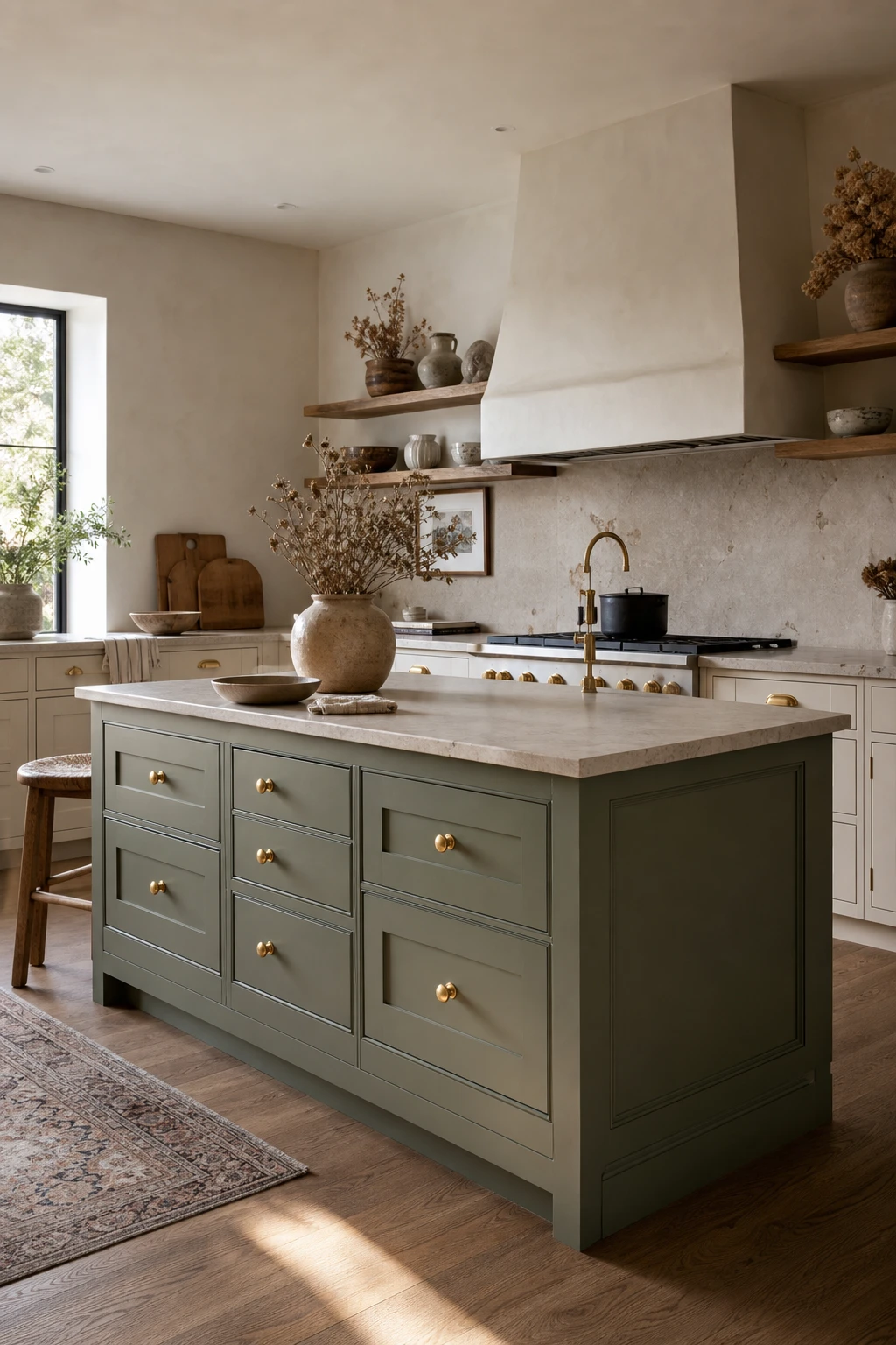 Earthy neutral kitchen with a sage green painted island as the hero accent, warm wood open shelving, stone countertops, and linen pendant lights overhead