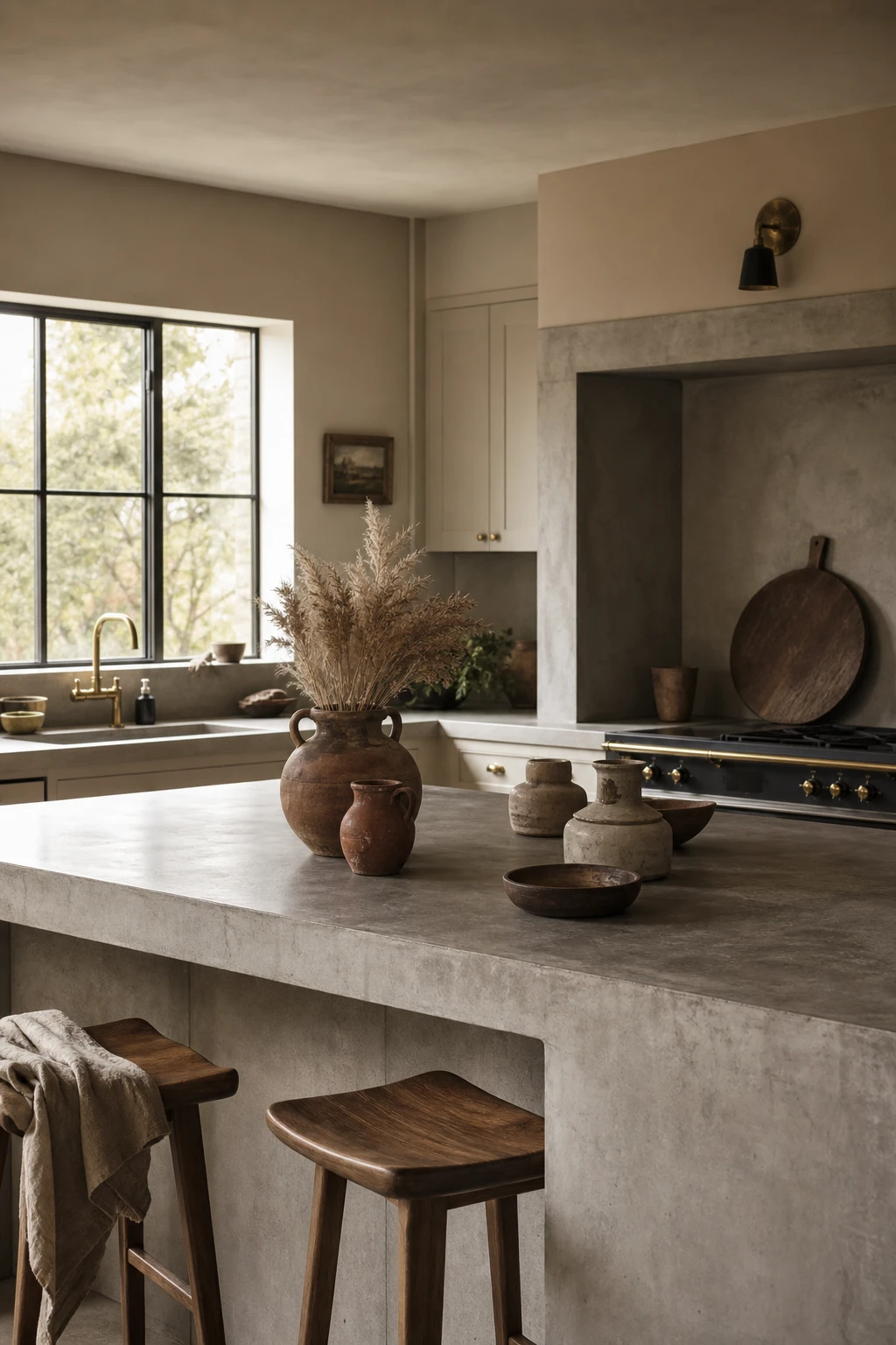 Earthy neutral kitchen with concrete surfaces as hero, warm organic accessories, Farrow and Ball Elephants Breath cabinetry, soft natural light