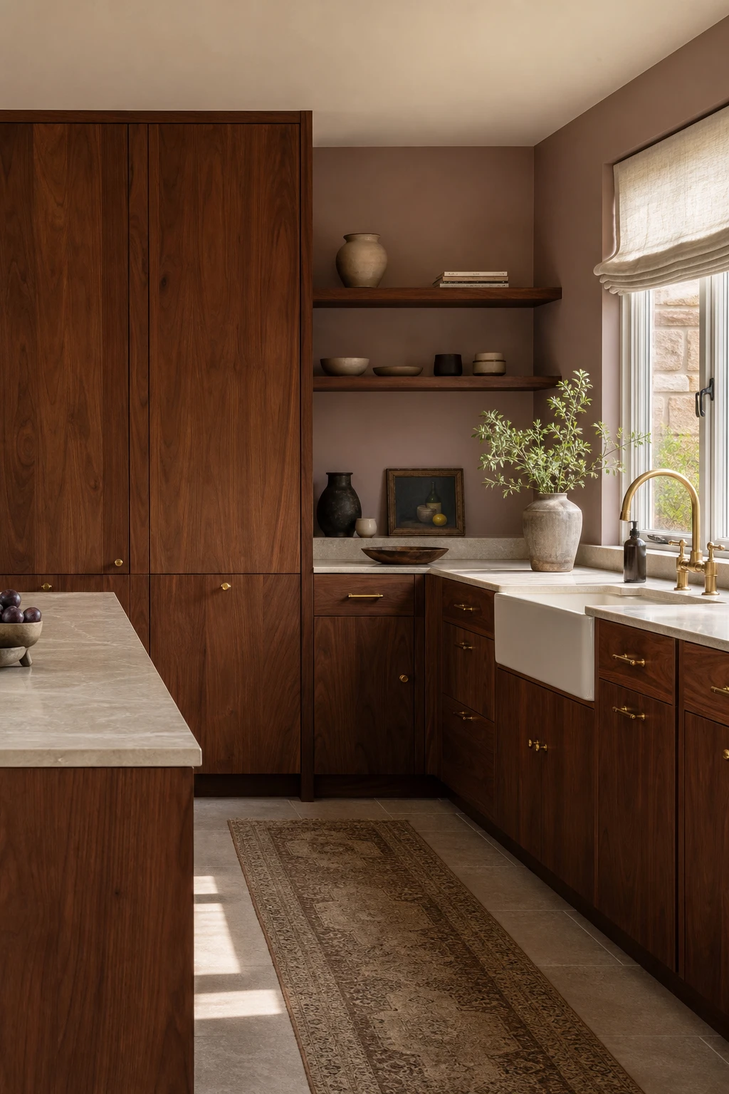 Earthy neutral kitchen with walnut cabinetry as the hero, warm Smoked Trout walls, stone countertops, and brass hardware in soft morning light