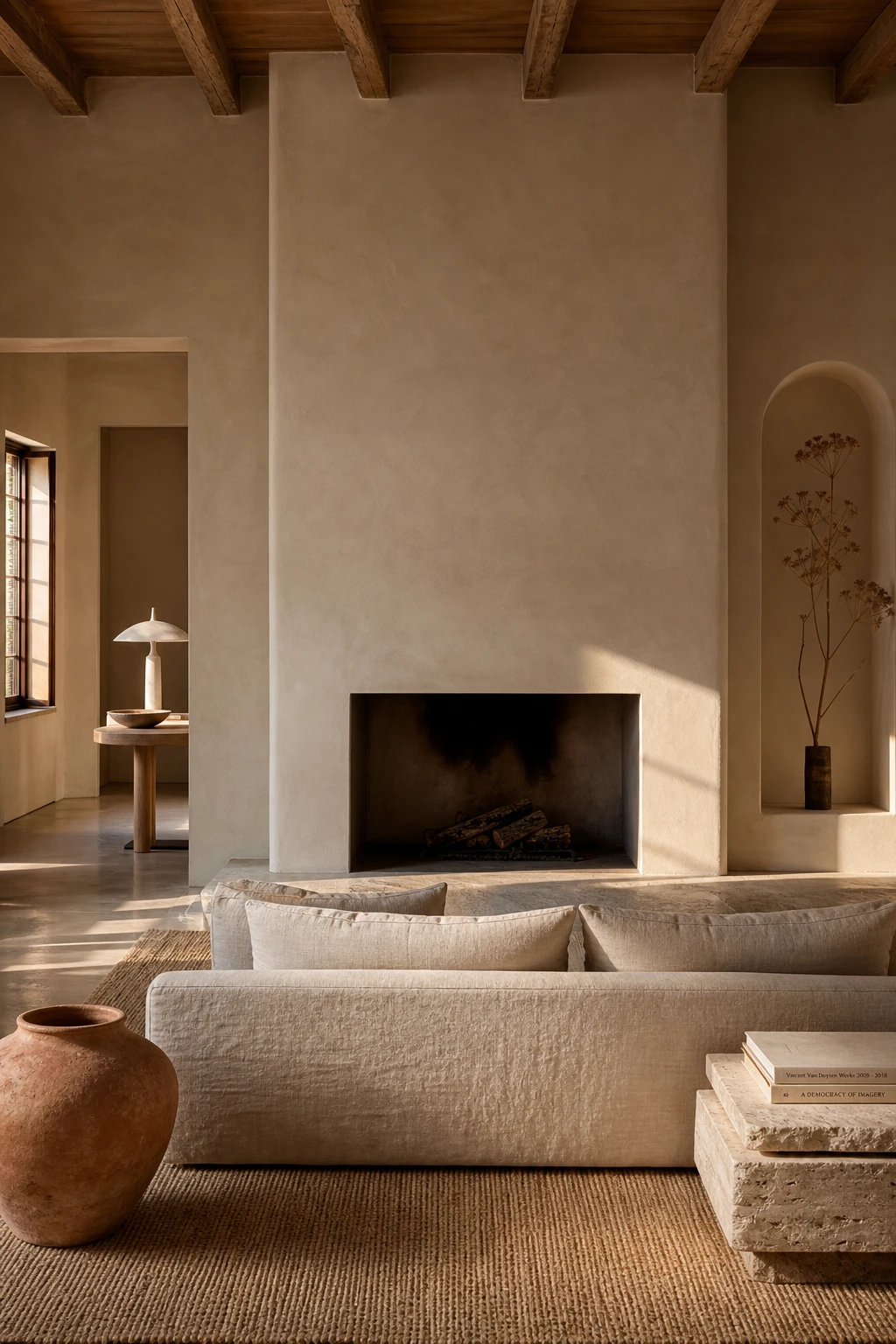 Earthy neutral living room centred on a sculptural plaster fireplace painted Farrow and Ball Stony Ground with linen seating and warm ambient light