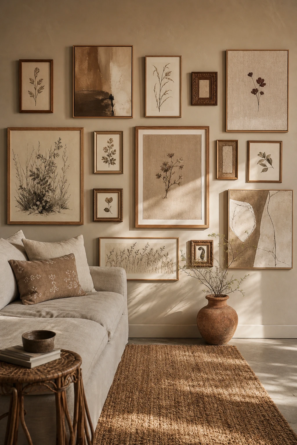 Earthy neutral living room with a natural gallery wall of botanical prints and woven textures hung on Farrow and Ball Jitney warm neutral walls in soft afternoon light