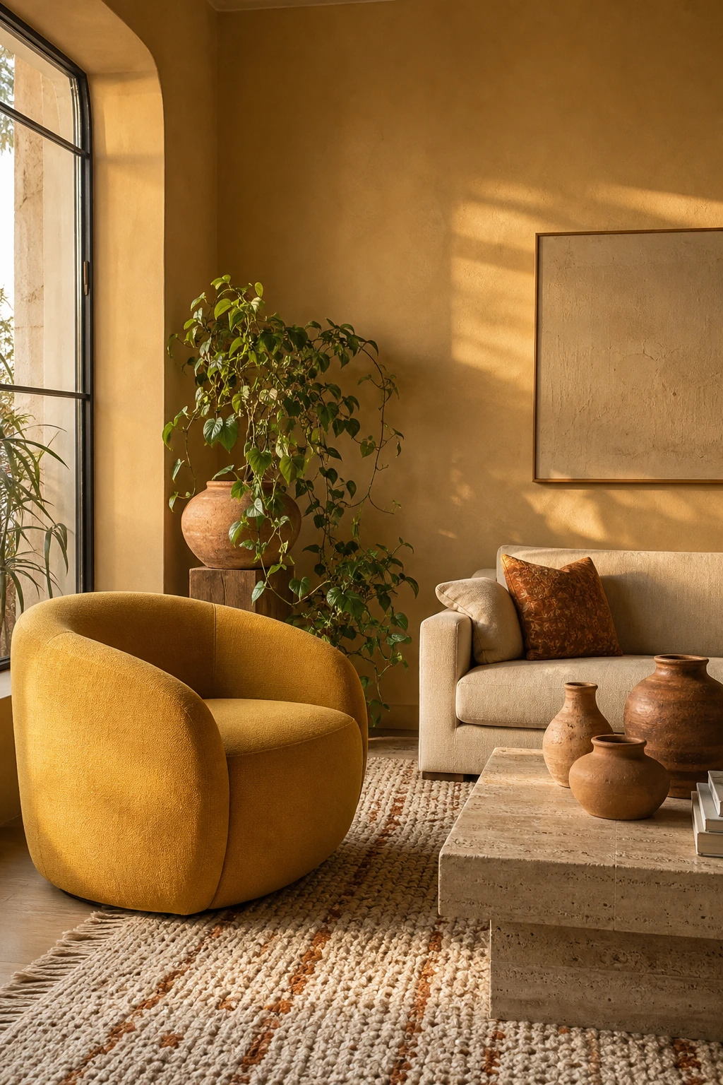 Earthy neutral living room with a warm yellow accent chair as hero, surrounded by linen sofa, woven rug, terracotta vessels and warm afternoon light