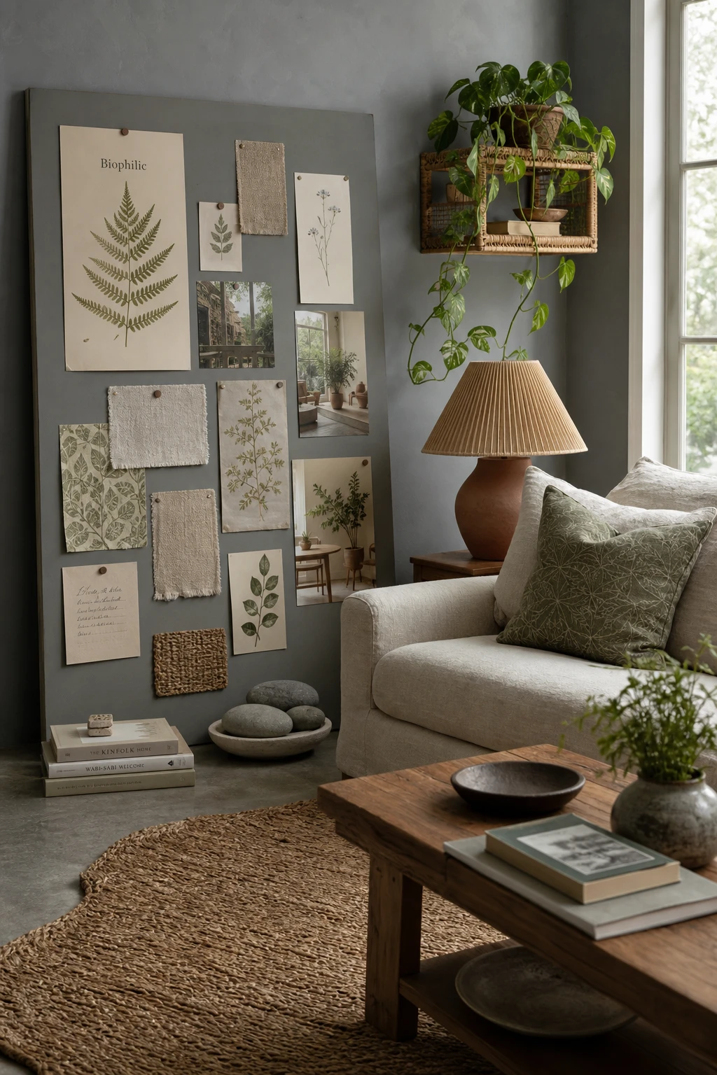 Earthy neutral living room with biophilic mood board elements, layered botanicals, natural textures, and Farrow and Ball Blue Gray painted walls in soft afternoon light