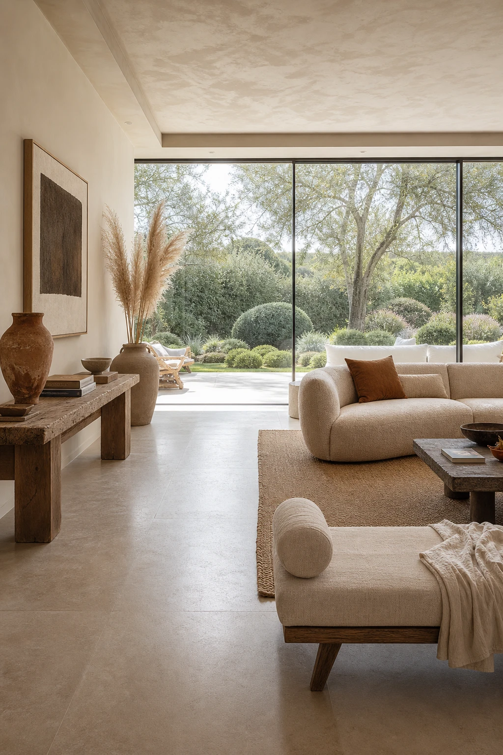 Earthy neutral living room with floor to ceiling glass walls flooding warm terracotta and sand tones with natural light, Farrow and Ball Bone painted walls
