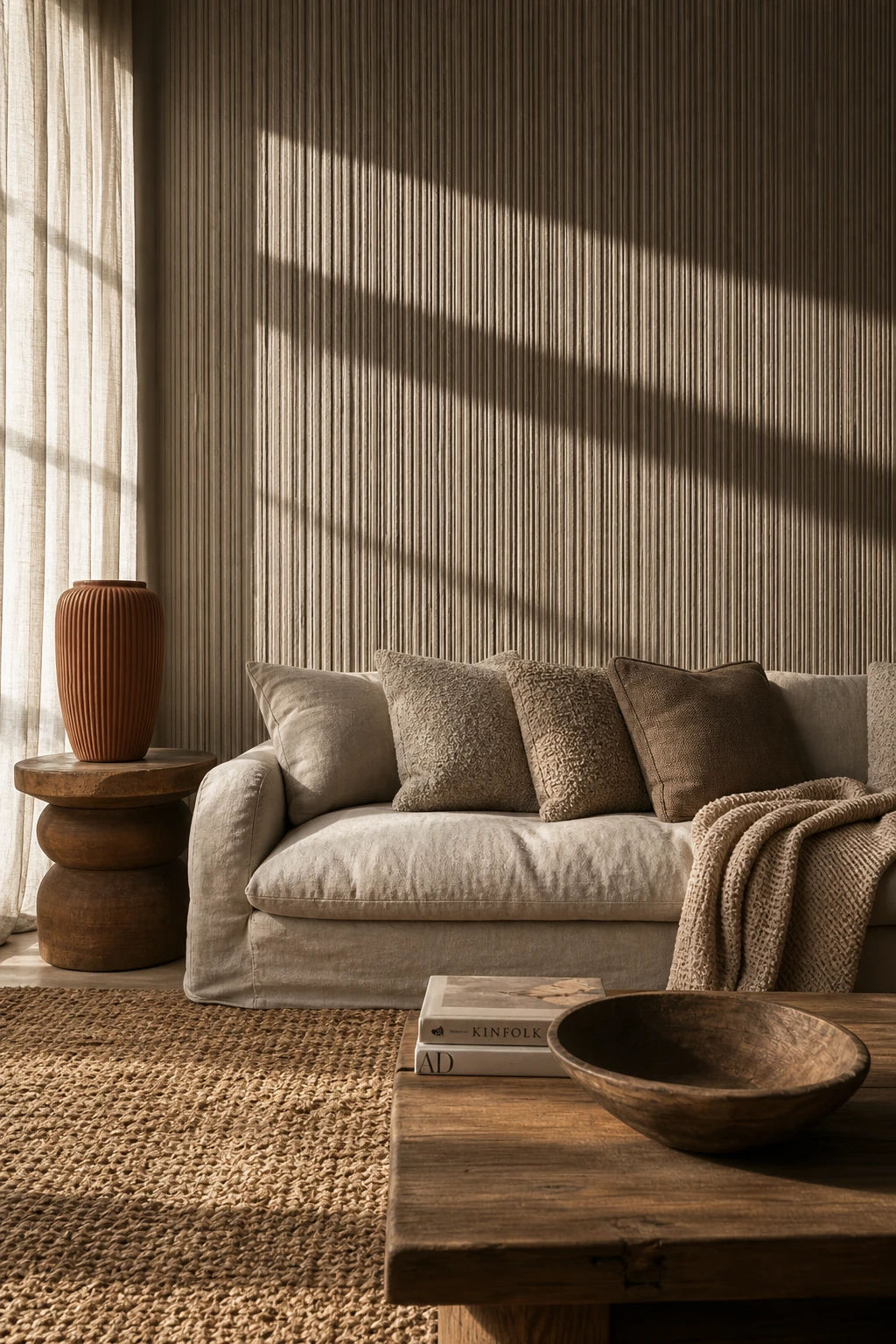 Earthy neutral living room with mushroom taupe tones, linen sofa, woven jute rug, ribbed plaster wall, and warm afternoon light