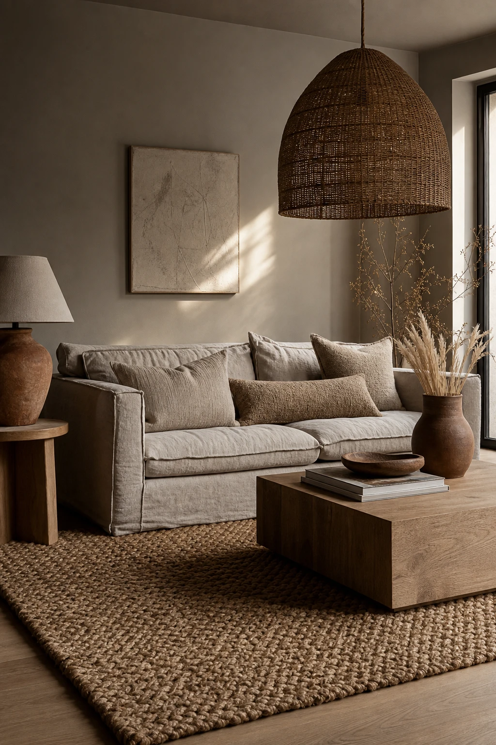 Earthy neutral living room with muted earth palette as hero, raw linen sofa, chunky jute rug, textured plaster walls in Charleston Gray, rattan pendant light, afternoon light