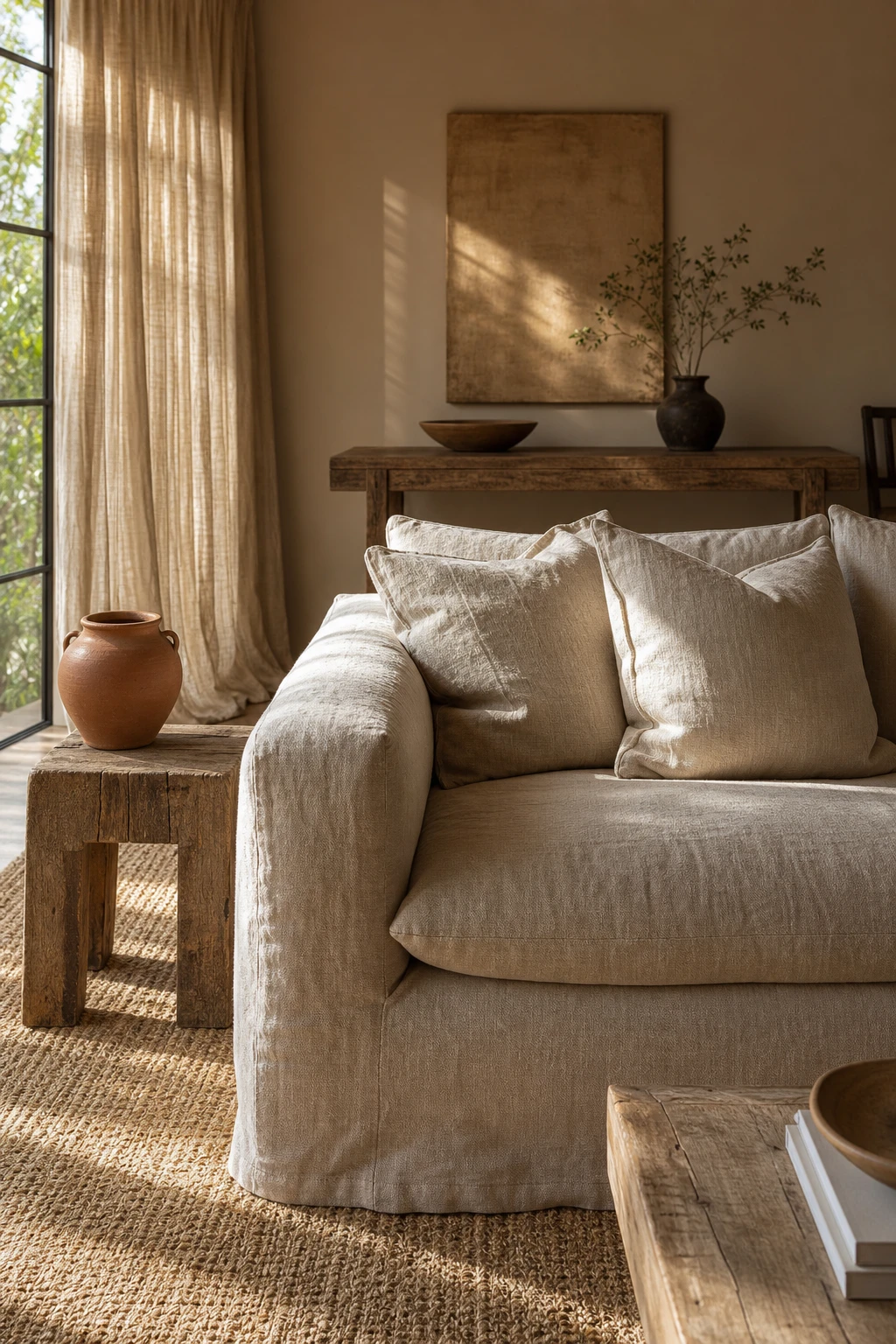 Earthy neutral living room with natural linen texture as the hero, warm layered fabrics, timber accents and Farrow & Ball String painted walls in soft afternoon light