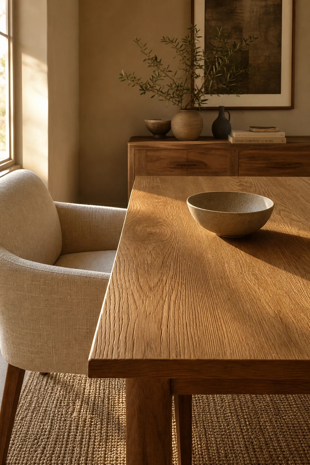 Earthy neutral living room with natural wood grain furniture as the focal point, warm afternoon light, Farrow and Ball Cord painted walls