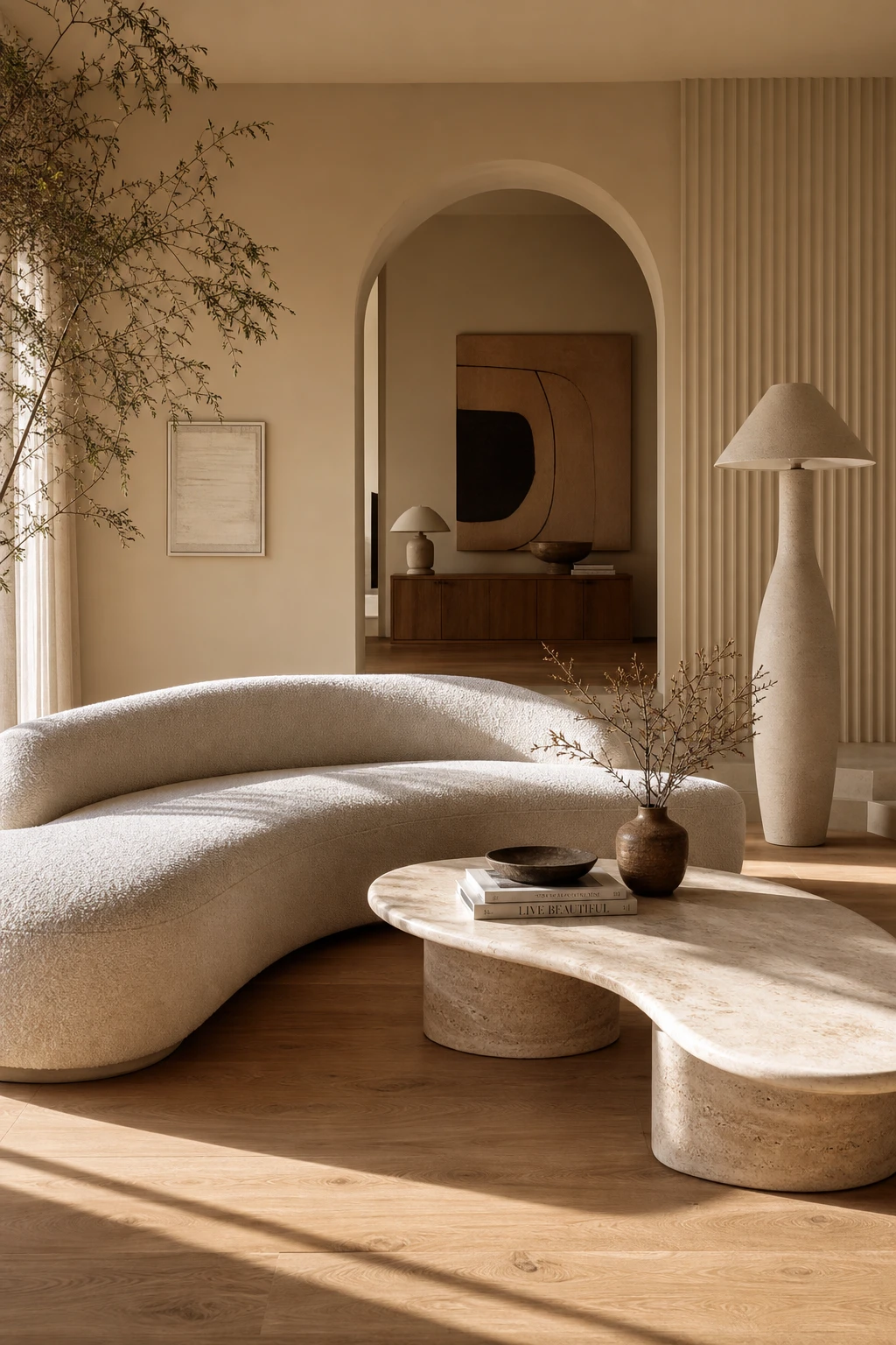 Earthy neutral living room with organic modern lines, curved sofa, sculptural coffee table, arched doorway and Skimming Stone walls in warm afternoon light