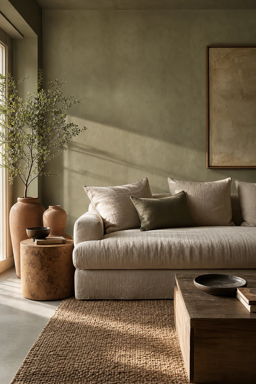 Earthy neutral living room with sage green and beige pairing, warm afternoon light, linen sofa, jute rug, terracotta vessels, and Farrow and Ball Mizzle painted walls