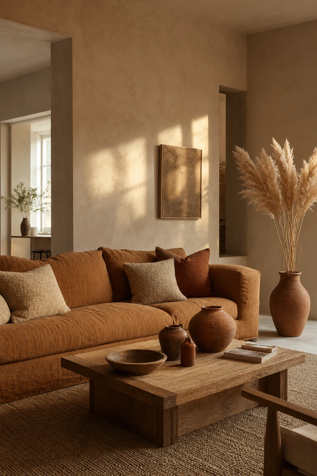 Earthy neutral living room with warm terracotta, sand and clay tones layered across linen sofas, raw wood furniture and textured plaster walls bathed in soft afternoon light