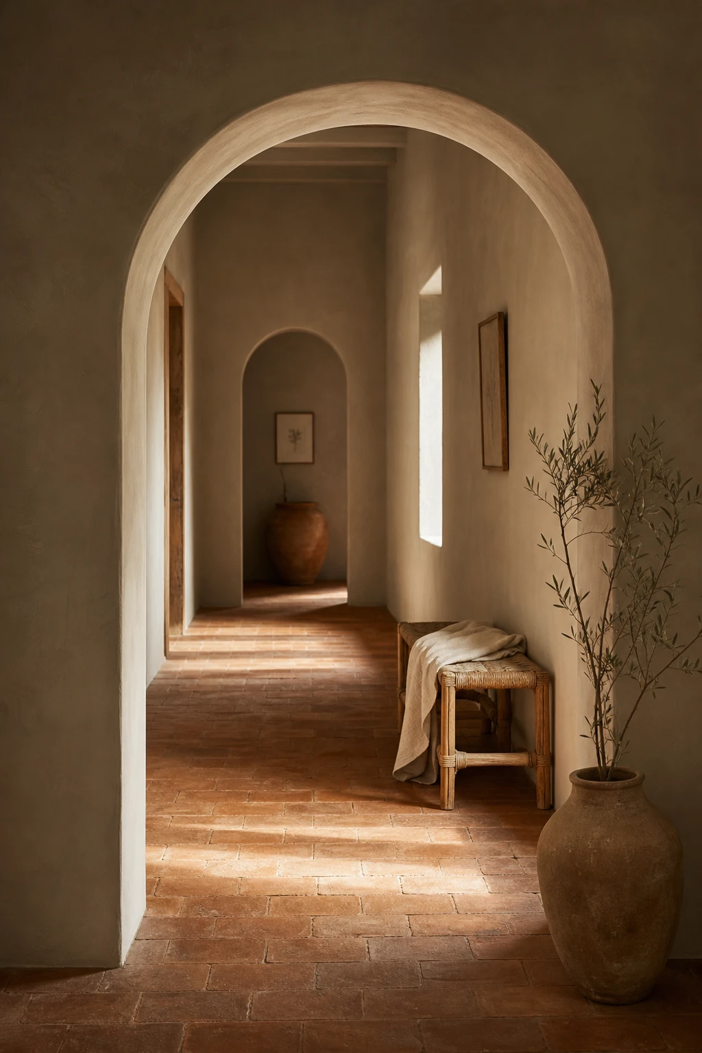 Earthy neutral Mediterranean hallway with arched doorway, terracotta floor tiles, textured plaster walls painted warm neutral, rattan bench and olive branch in ceramic vase