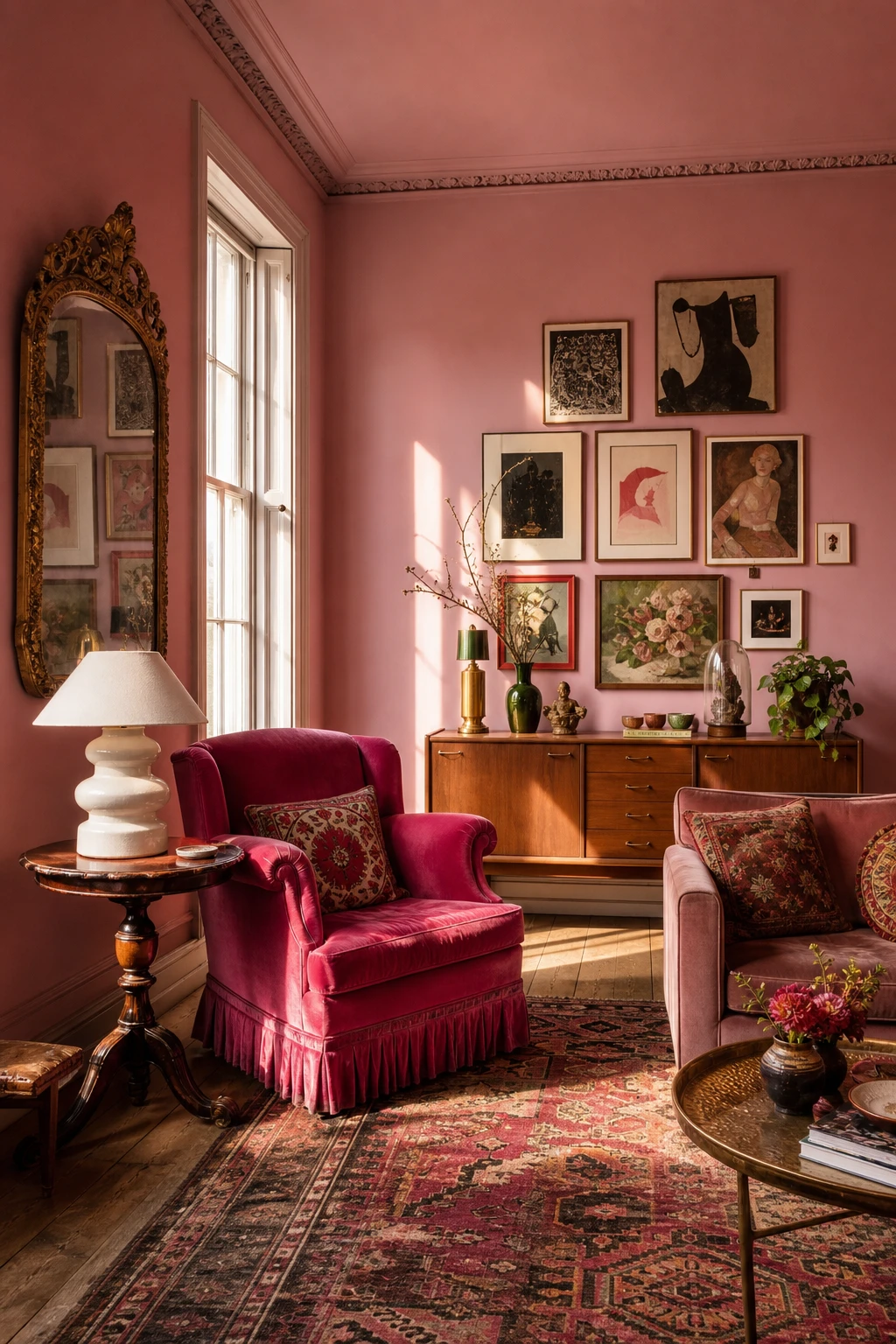 Eclectic hot pink interior with mismatched furniture eras unified by bold pink walls, layered textiles, and curated objects in warm afternoon light