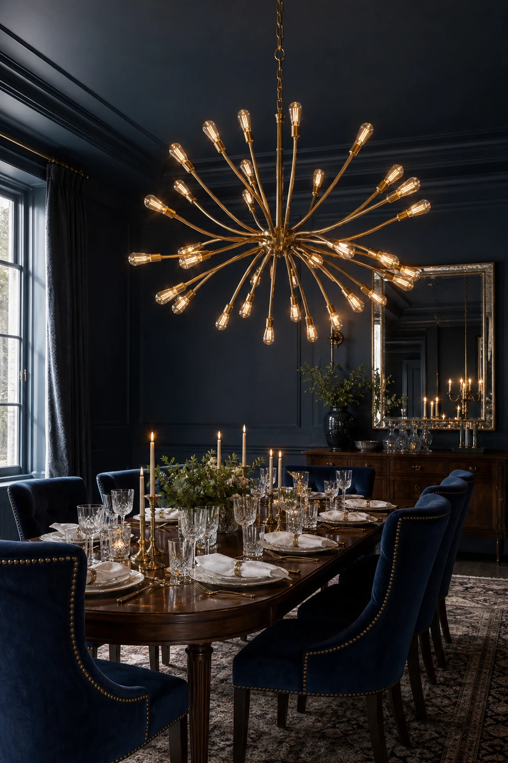 Elegant navy blue dining room with a statement chandelier as the hero, set above a dark wood table with upholstered chairs and glassware