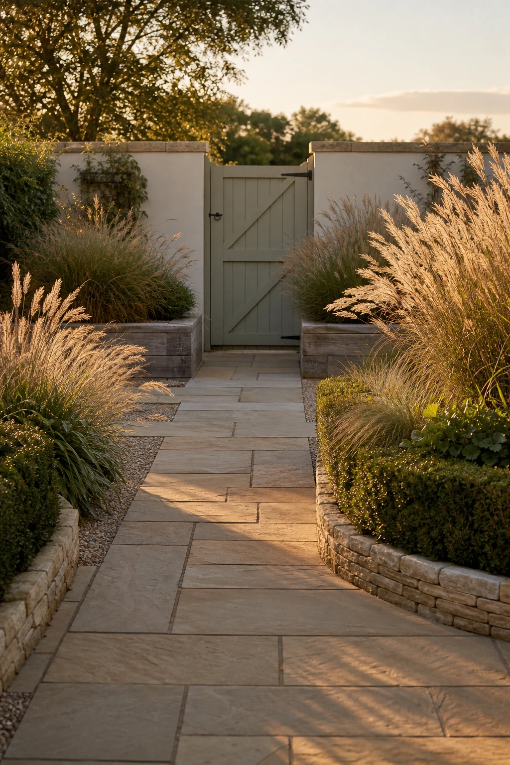 Elegant neutral front garden with ornamental grasses as the hero, stone path, clipped hedges, timber raised beds, and Farrow & Ball String painted gate in warm afternoon light.