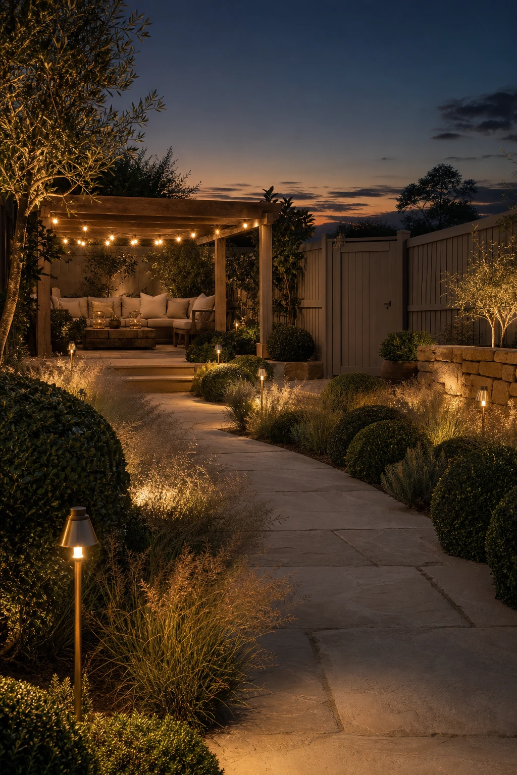 Elegant neutral garden at dusk with warm garden lighting glowing along a stone path, surrounded by soft plantings and Farrow & Ball Cats Paw painted fence panels