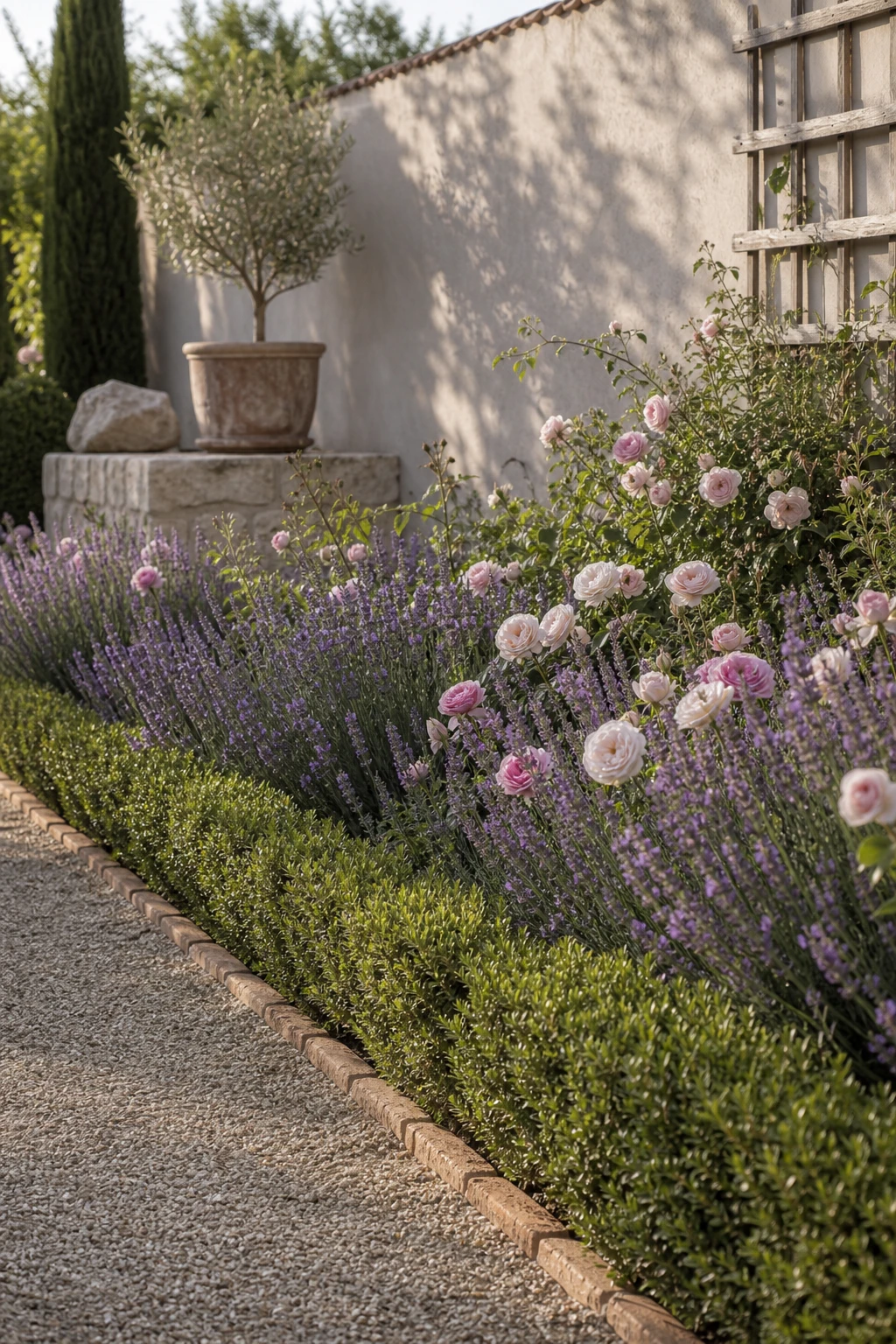 Elegant neutral garden border with lavender and blush roses in soft purple and pink tones against a wall painted Farrow and Ball Peignoir