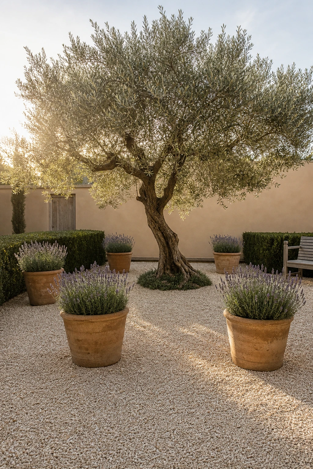 Elegant neutral garden centered on a gnarled olive tree rising from pale gravel, with terracotta pots, clipped hedging, and a Farrow Ball Buff painted garden wall