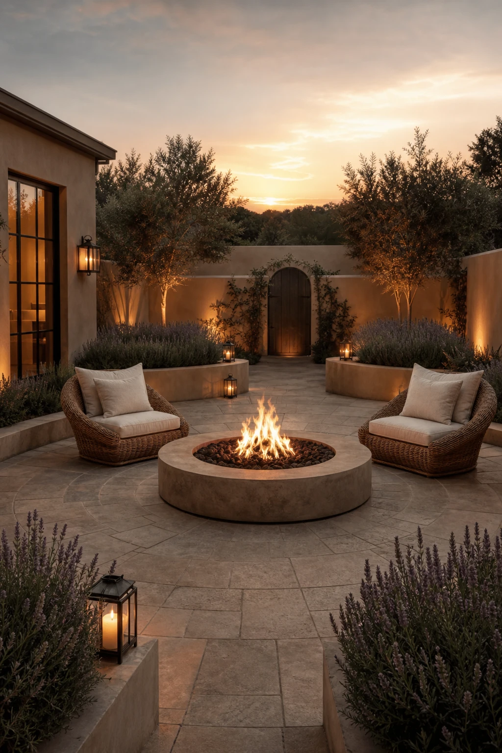 Elegant neutral garden courtyard with a central fire pit glowing at dusk, warm stone paving, low sculptural planters, and Farrow and Ball Jitney painted boundary walls