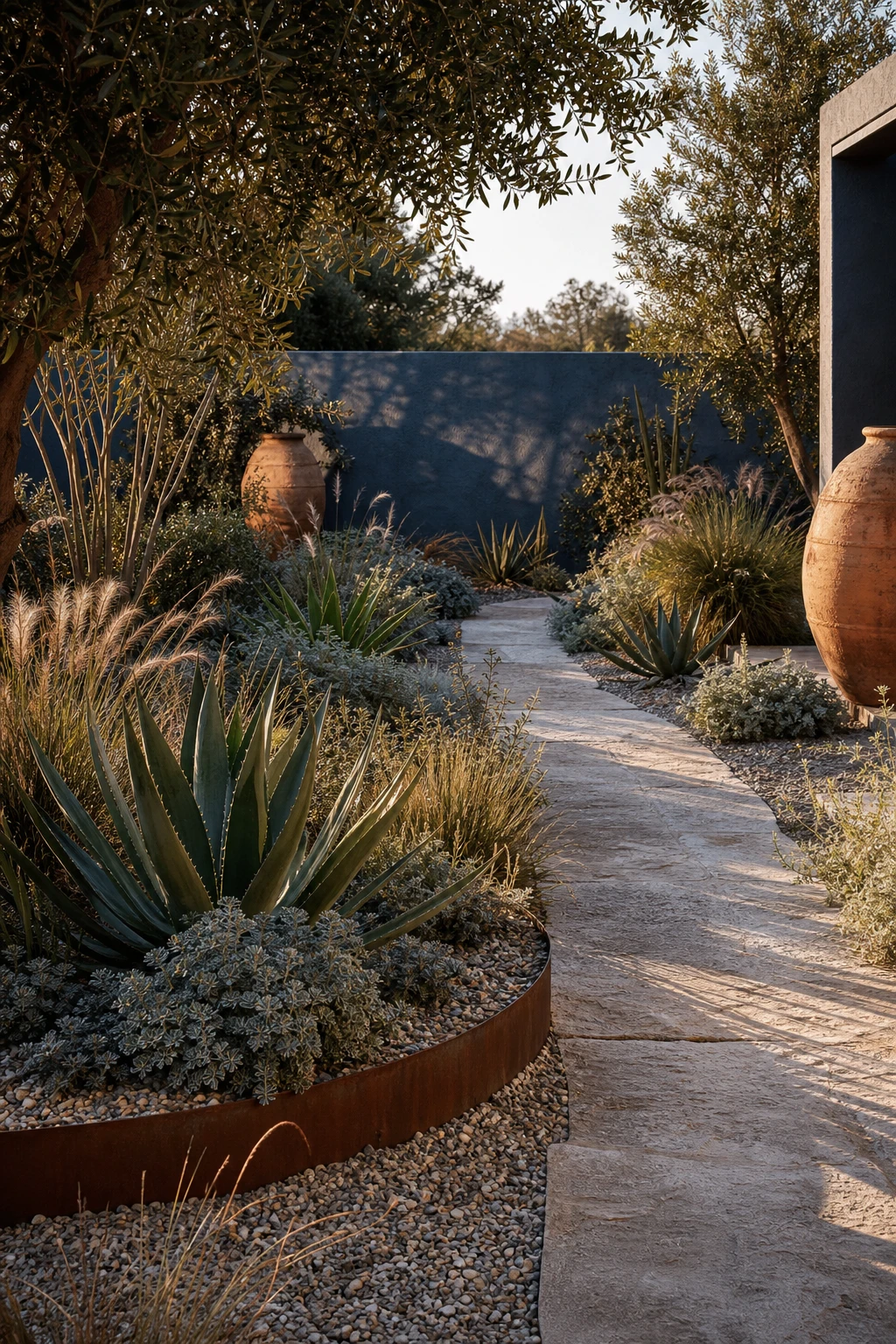 Elegant Neutral Garden dry garden texture with silvery feathery and spiky plants against Farrow and Ball Barrow Blue rendered wall in soft afternoon light