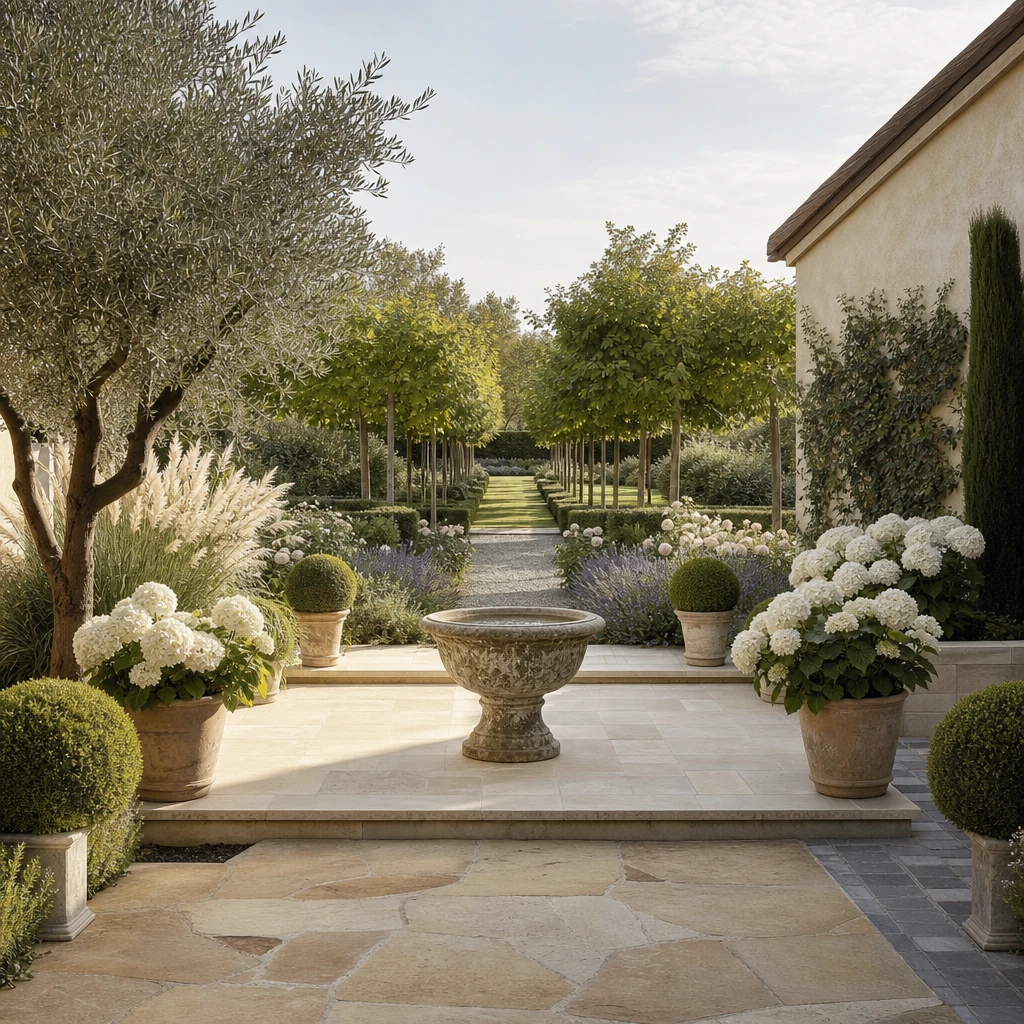 Elegant neutral garden with sandstone patio, gravel path, pleached trees, olive tree, white hydrangeas in terracotta planters, and clipped topiary in warm south east morning light.