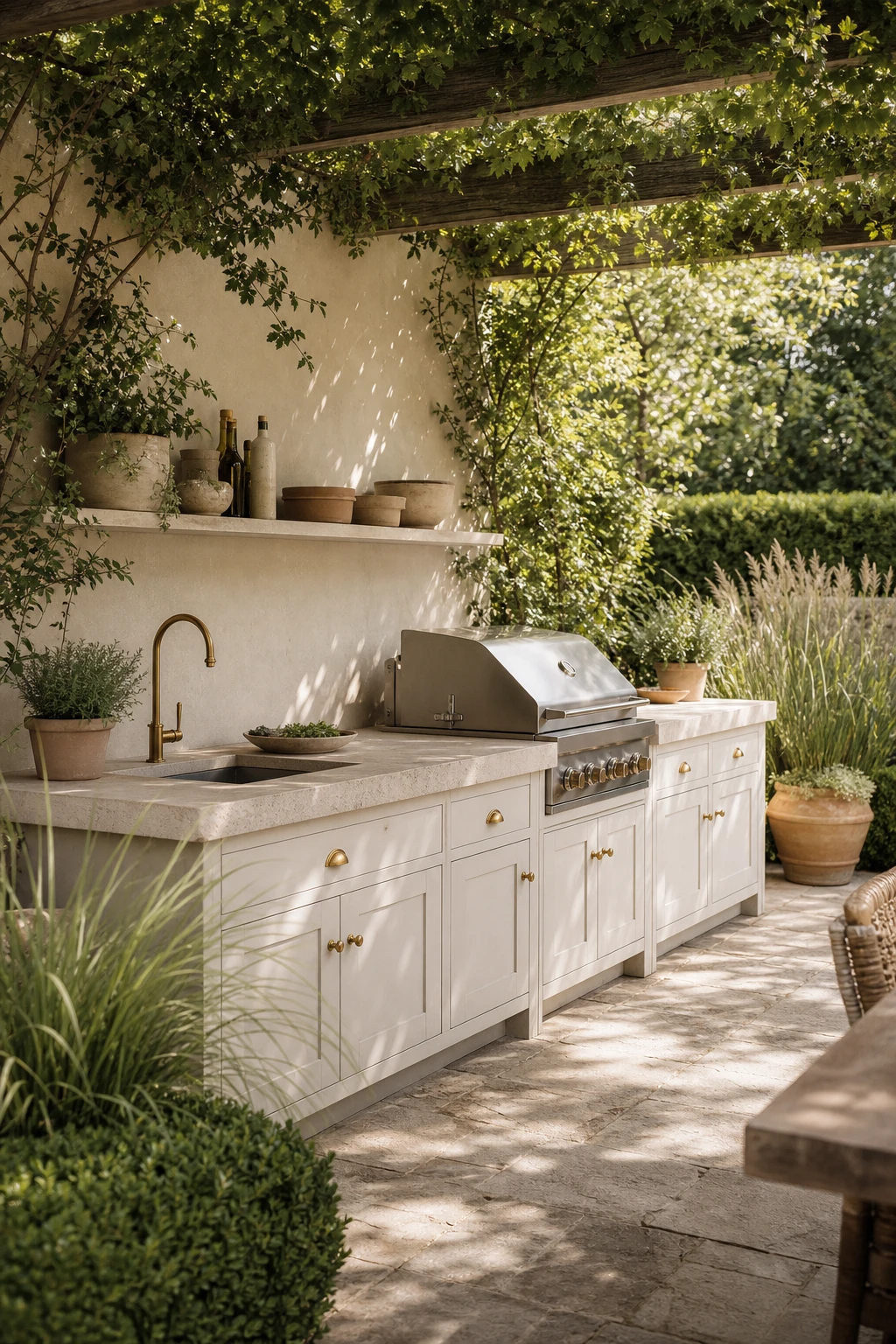 Elegant neutral garden patio with outdoor kitchen cabinetry in Farrow & Ball Shaded White, stone countertops, and soft natural light among lush greenery