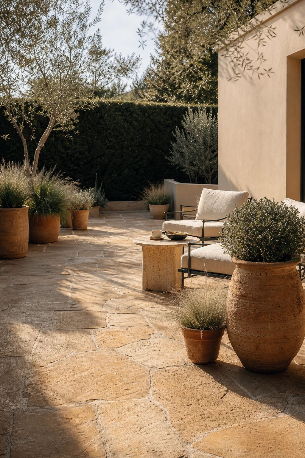 Elegant neutral garden patio with warm sandstone flagstones, cream garden furniture, terracotta pots, clipped hedging and Farrow and Ball Light Sand painted rendered garden wall