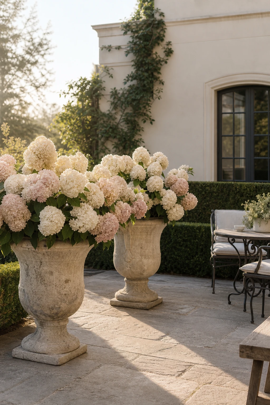 Elegant neutral garden terrace with oversized hydrangea planters in muted white and blush tones against a warm Farrow and Ball Dimity painted wall