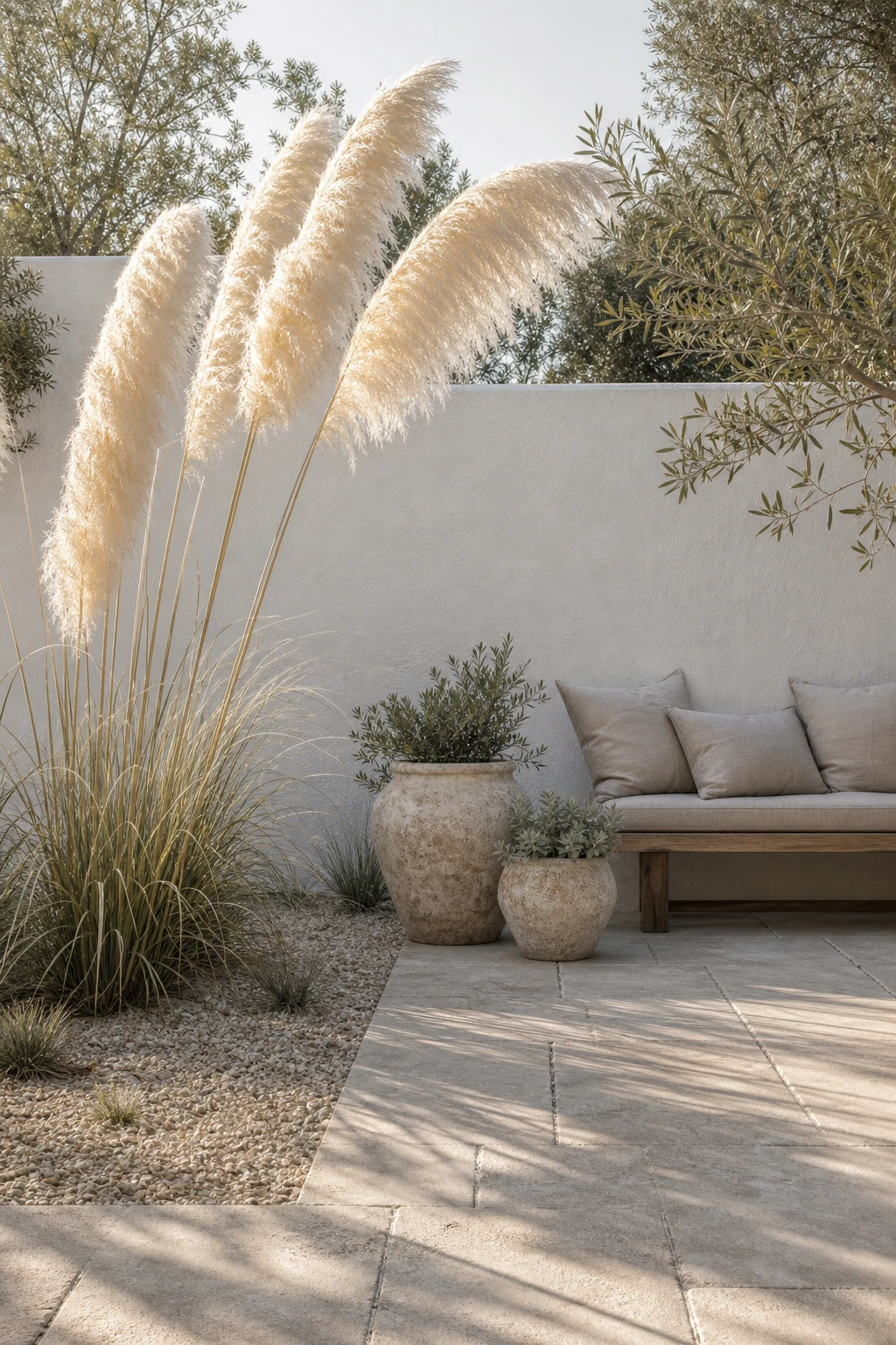 Elegant neutral garden terrace with tall white pampas grass as the hero planting, stone paving, linen cushions, and Farrow & Ball All White rendered wall