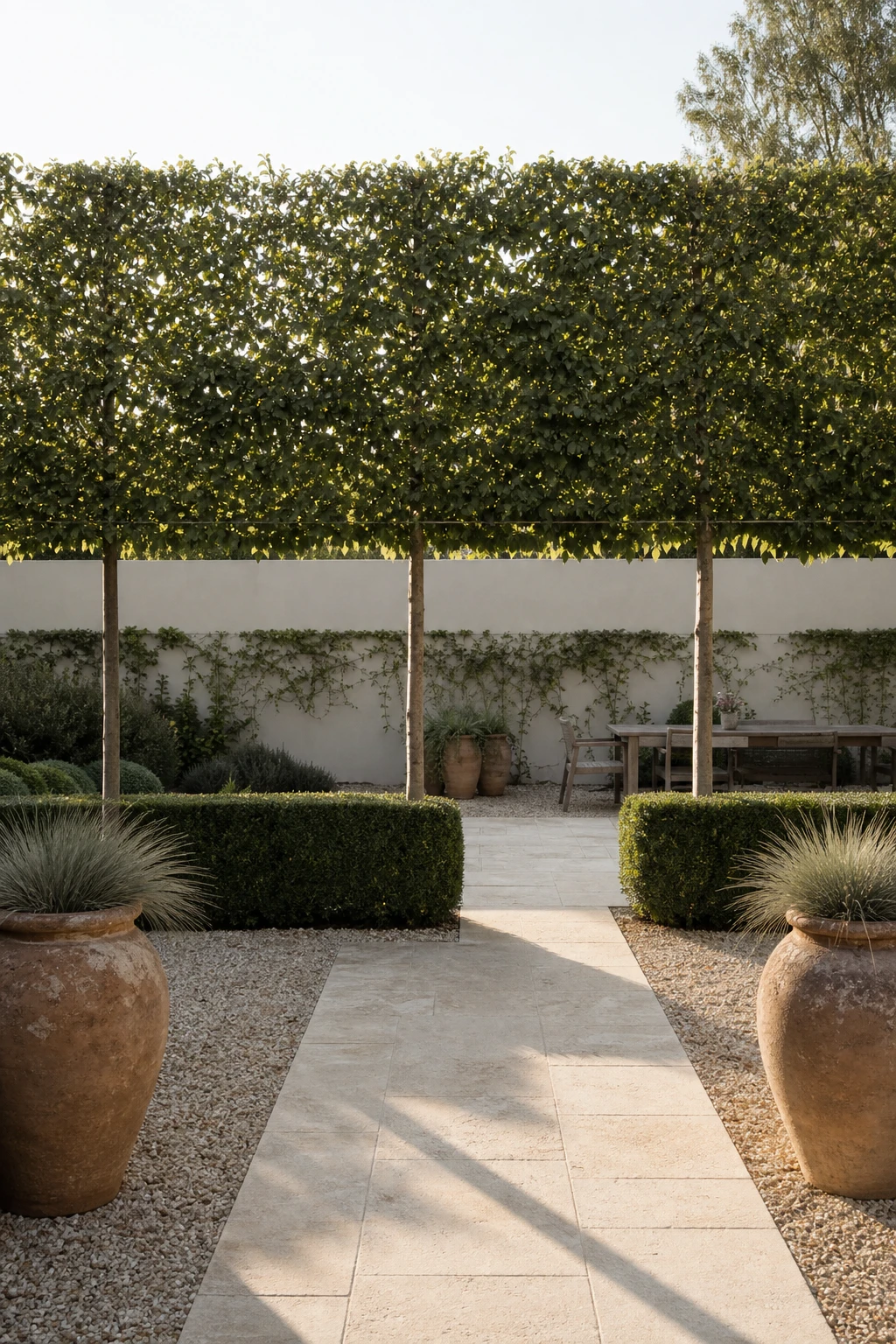 Elegant neutral garden with a pleached tree screen as the hero, raised on clear stems above a gravel path, flanked by clipped hedging and warm stone paving