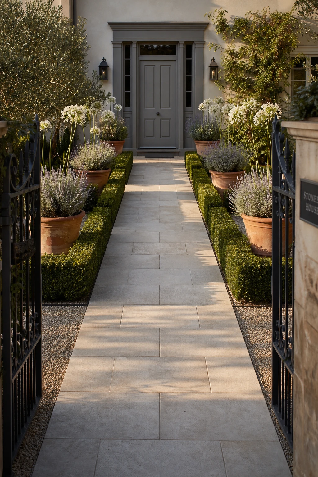 Elegant neutral garden with a tiled front path leading to a front door painted in Farrow & Ball Charleston Gray, flanked by clipped hedges and stone planters