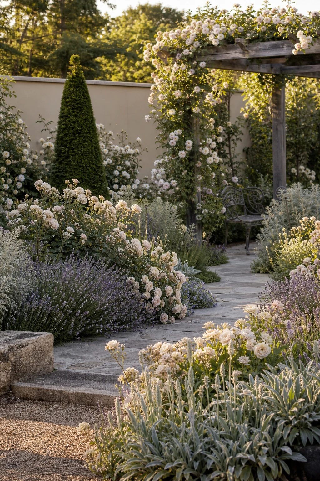 Elegant neutral garden with an English border anchored by pale warm stone walls painted in Farrow and Ball Ammonite, soft blooms and clipped hedges in dappled afternoon light