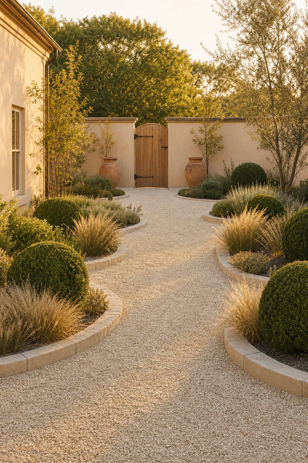 Elegant neutral garden with fine gravel ground plane unifying raised beds, clipped topiary, stone edging and warm timber gate in soft afternoon light