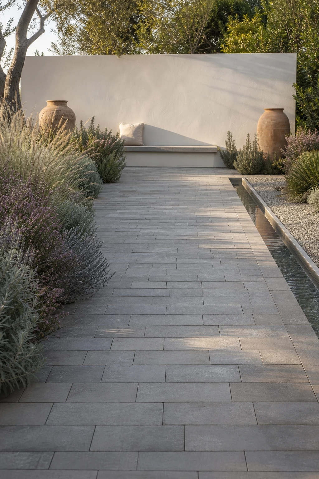 Elegant neutral garden with grey clay pavers as the hero surface, bordered by soft planting, a rendered wall in Cornforth White and warm afternoon light