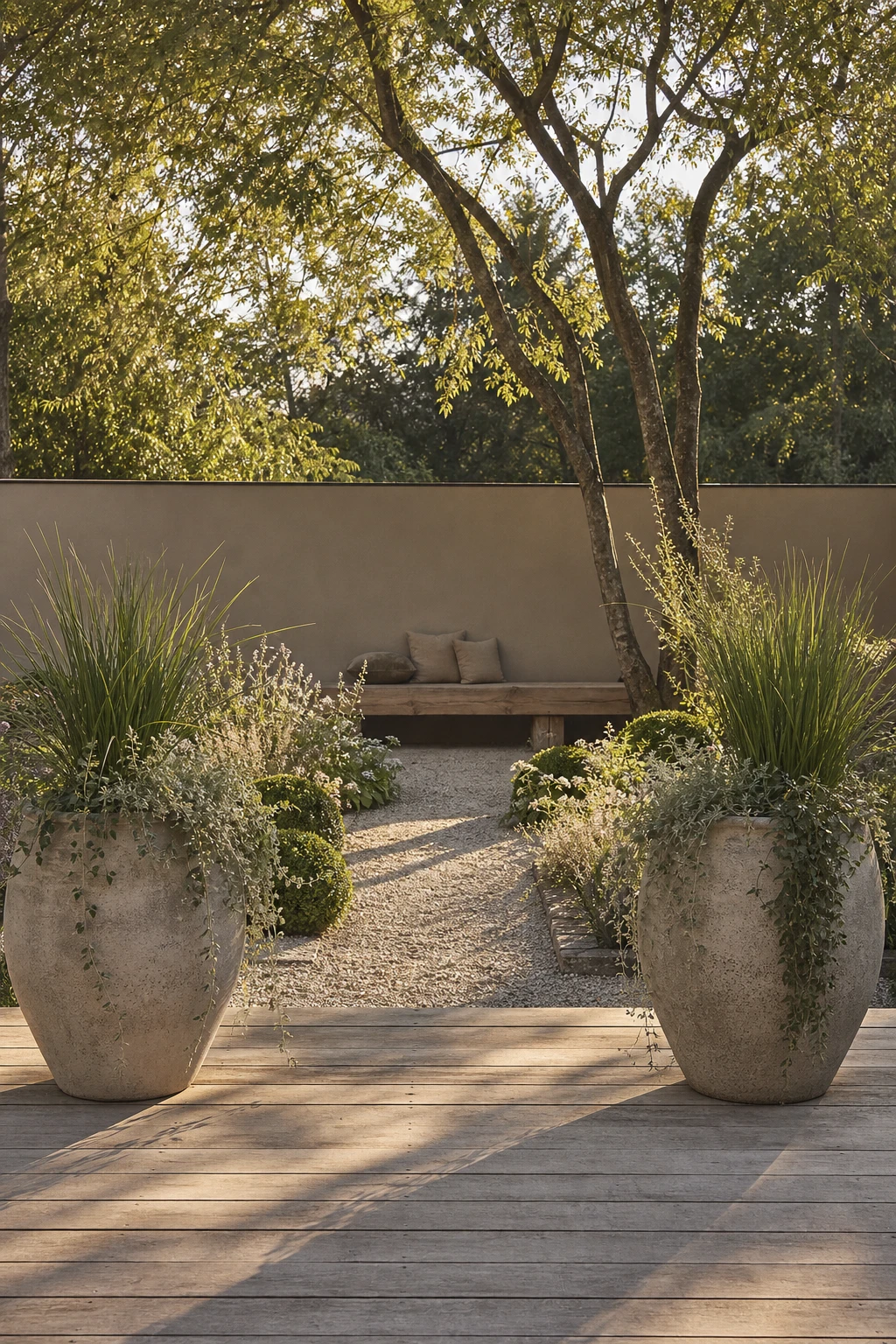 Elegant neutral garden with large outdoor pots in warm stone tones, lush greenery, gravel path and timber decking in soft afternoon light