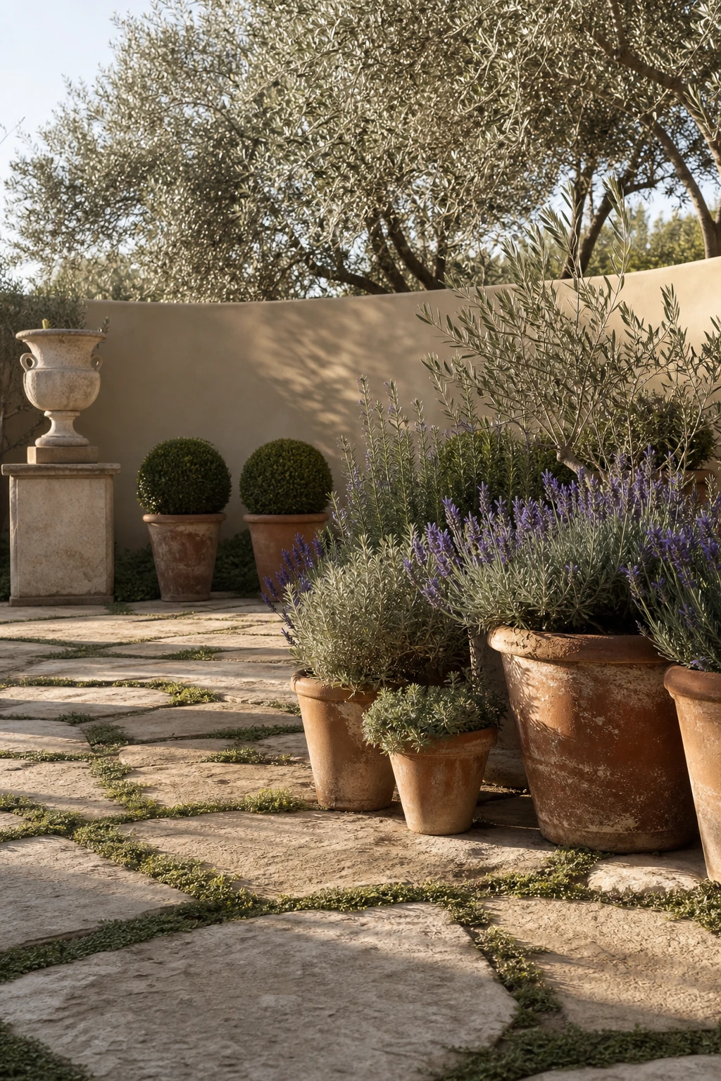 Elegant neutral garden with Mediterranean mood, terracotta pots, stone paving, drought hardy plants, and Farrow & Ball Oxford Stone rendered garden wall in warm afternoon light.