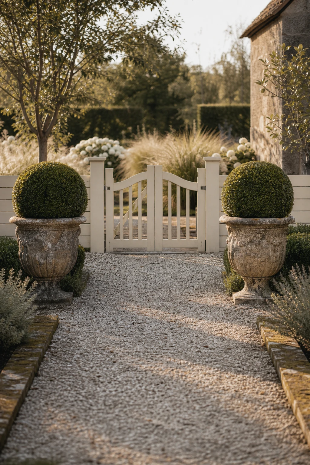 Elegant neutral garden with potted topiary as hero, clipped spheres in stone urns flanking a gravel path, warm afternoon light, Farrow and Ball Cream painted timber gate