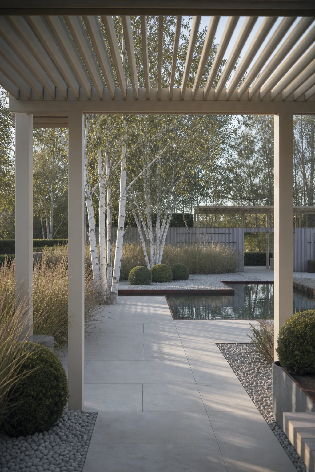 Elegant neutral garden with Scandinavian restraint, minimal structural planting, slatted timber pergola painted Archive, pale gravel ground plane, and birch trunks in soft morning light