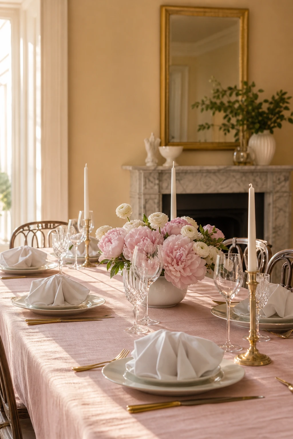 Elegant pink and white dining room with a formal table setting featuring blush linens, crystal glassware, white porcelain, and soft candlelight on a warm white painted wall