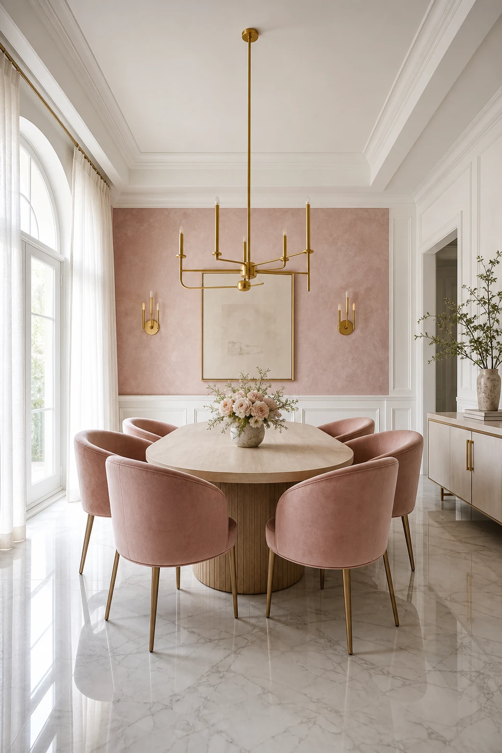 Elegant pink and white dining room with a soft blush feature wall, white panelling, oval dining table, upholstered chairs and a sculptural chandelier in natural light
