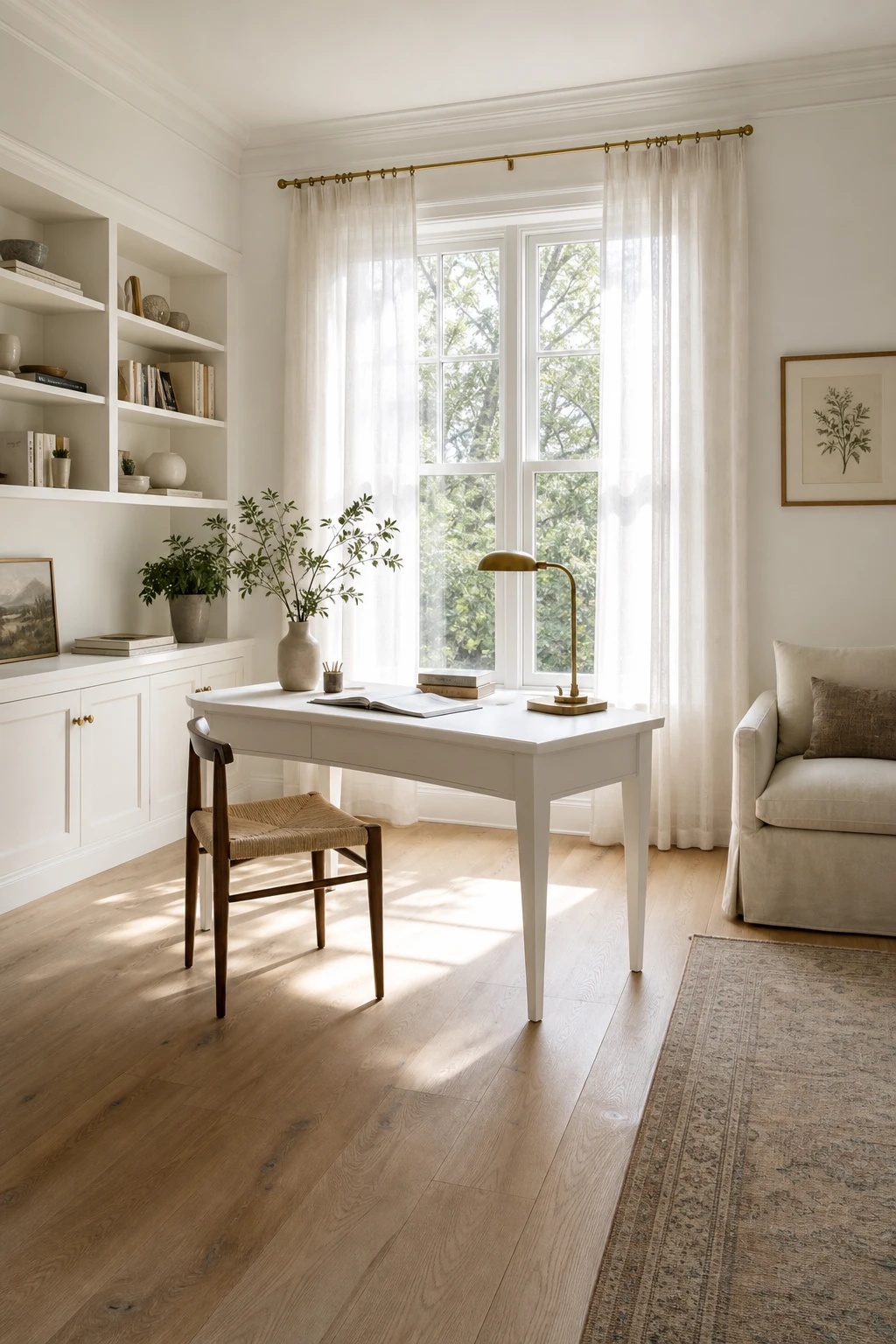 Elegant white home office bathed in natural light with sheer linen curtains, a slim white desk, built in shelving and warm wood floors painted in Farrow and Ball School House White
