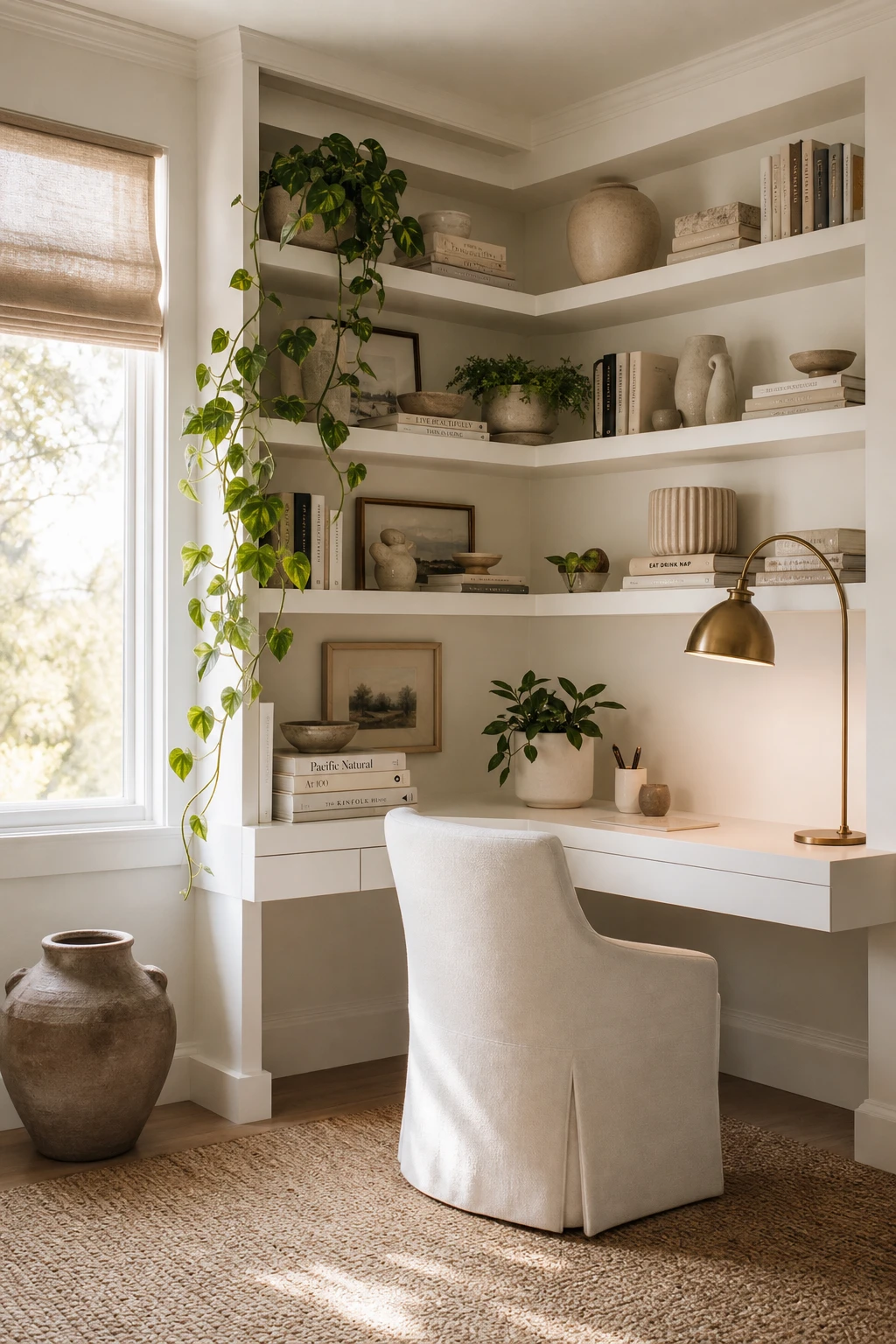 Elegant white home office corner with built in shelving styled with books, ceramics and trailing plants in warm natural light
