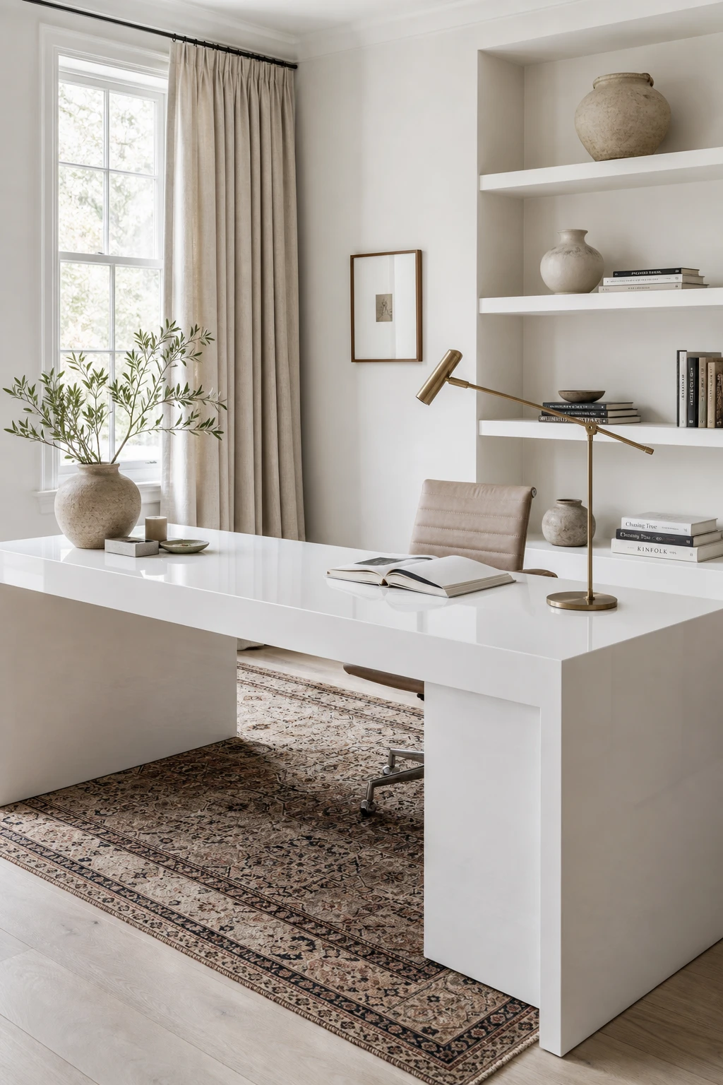 Elegant white home office featuring a high gloss white desk as the hero paired with matte linen curtains, open shelving, and Farrow and Ball Great White painted walls